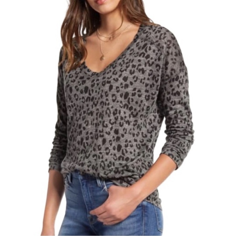 Rails Sami Long Sleeve V Neck Animal Print Top in Charcoal Linen Blend Size XL